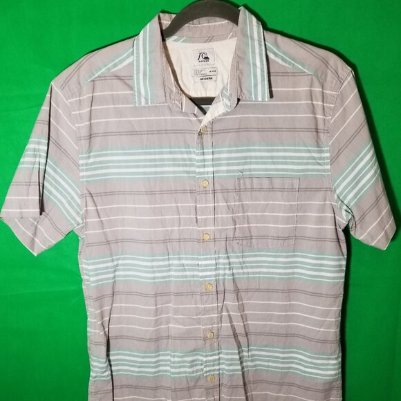 Quiksilver Shirt Men Medium Modern Fit Gray White Green Striped Surf Beach Coast - Picture 1 of 7